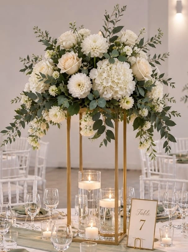 Boule de fleurs grand modèle sur support doré, centre de table